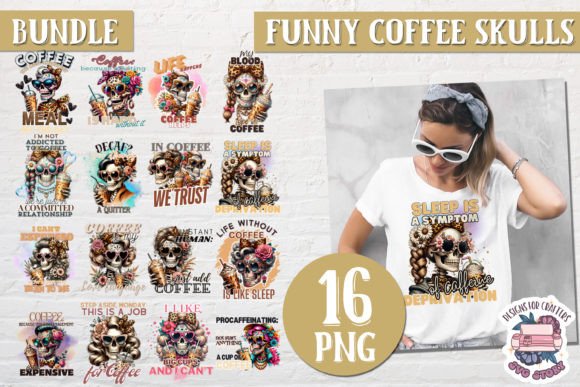 Download Funny Coffee Skulls Bundle of 16 PNG - Skulls Collection