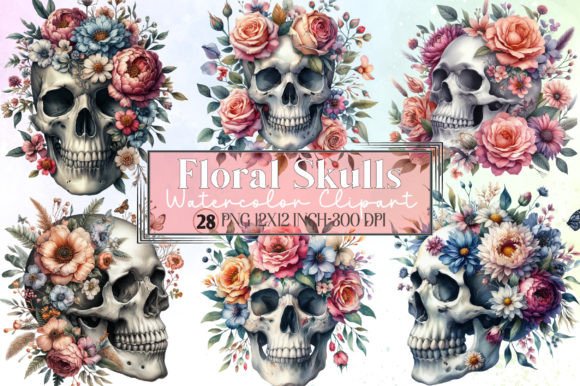 Download 28 PNG Watercolor Floral Skulls Clipart - Skulls Collection